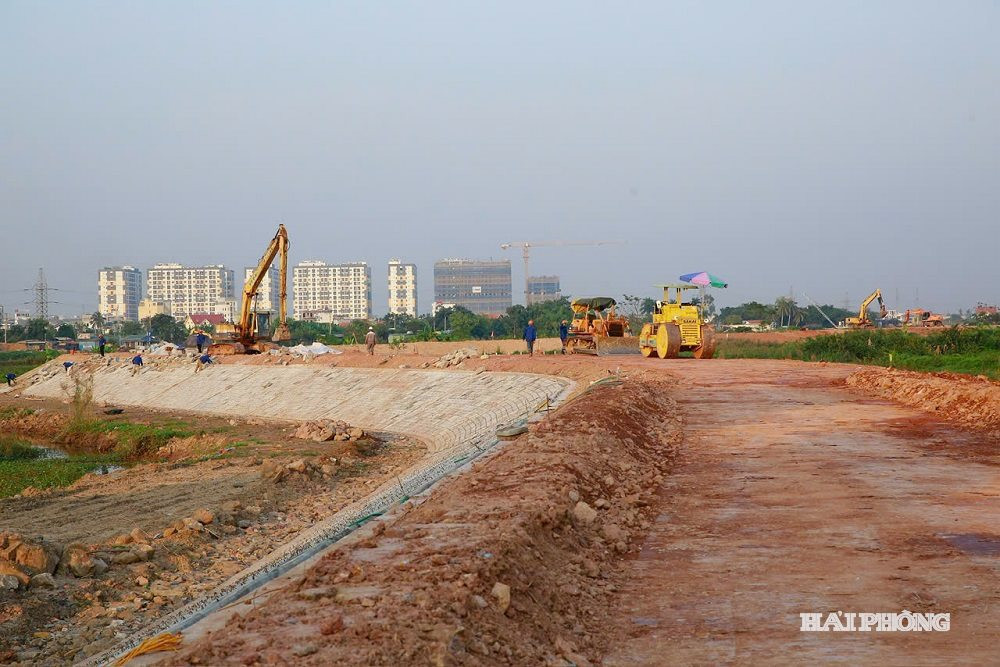 Các đơn vị đang đẩy nhanh tiến độ thi công Dự án đầu tư xây dựng tuyến đê mới thay thế tuyến đê hữu s Lạch Tray. Ảnh: DUY THÍNH