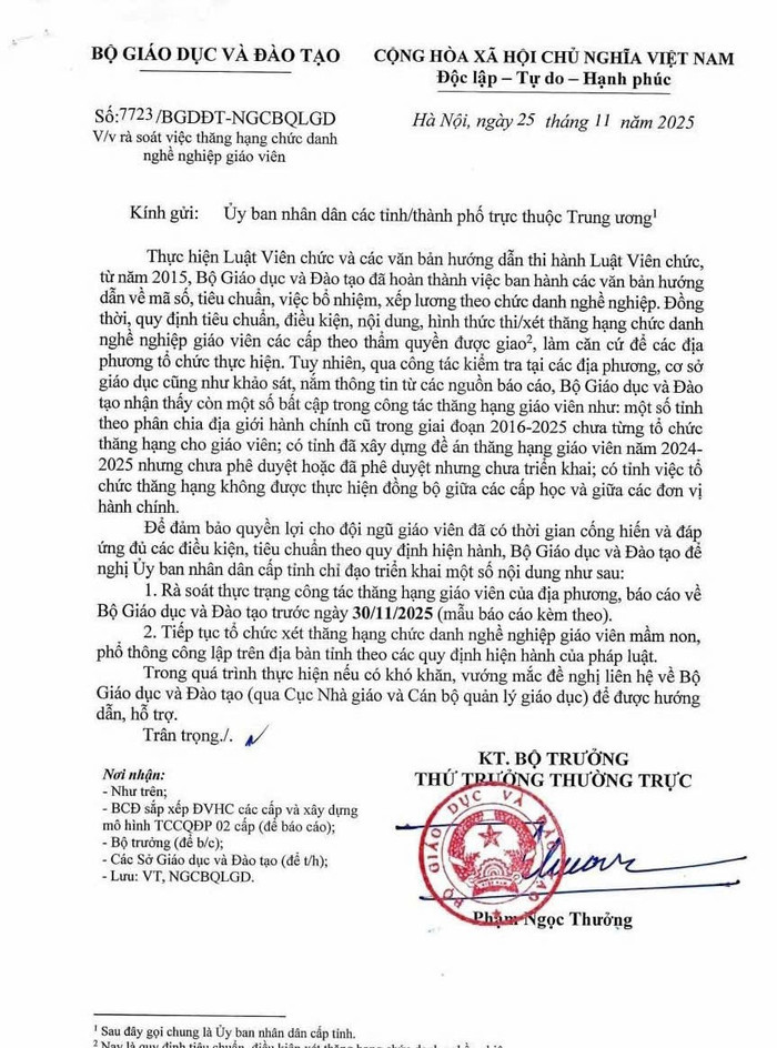 Nội dung Công văn số 7723/BGDĐT-NGCBQLGD. (Ảnh: Giáo viên cung cấp) thang-hang-gdvn.jpg
