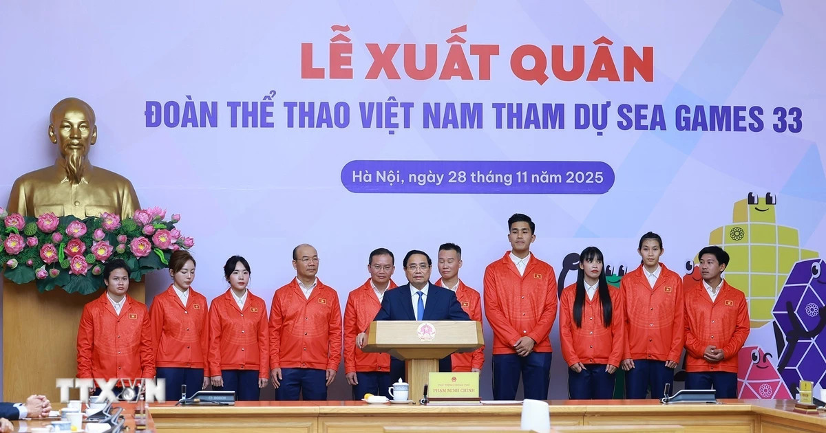 Thủ tướng Phạm Minh Chính động viên, giao nhiệm vụ cho Đoàn thể thao Việt Nam tham dự SEA Games 33. (Ảnh: Dương Giang/TTXVN)