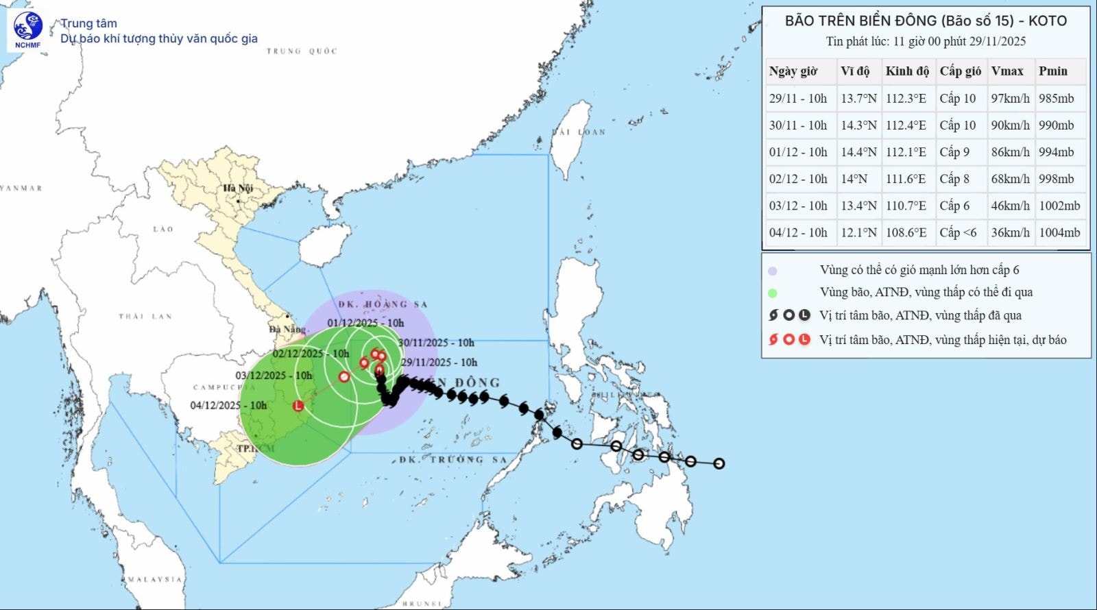Đường đi của bão số 15. Ảnh: nchmf.gov.vn
