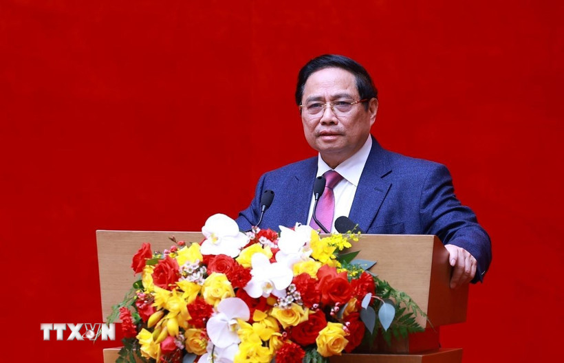 Thủ tướng Phạm Minh Chính kết luận Hội nghị đảm bảo an ninh, trật tự phục vụ phát triển kinh tế-xã hội Vùng đồng bằng sông Cửu Long. (Ảnh: Dương Giang/TTXVN)