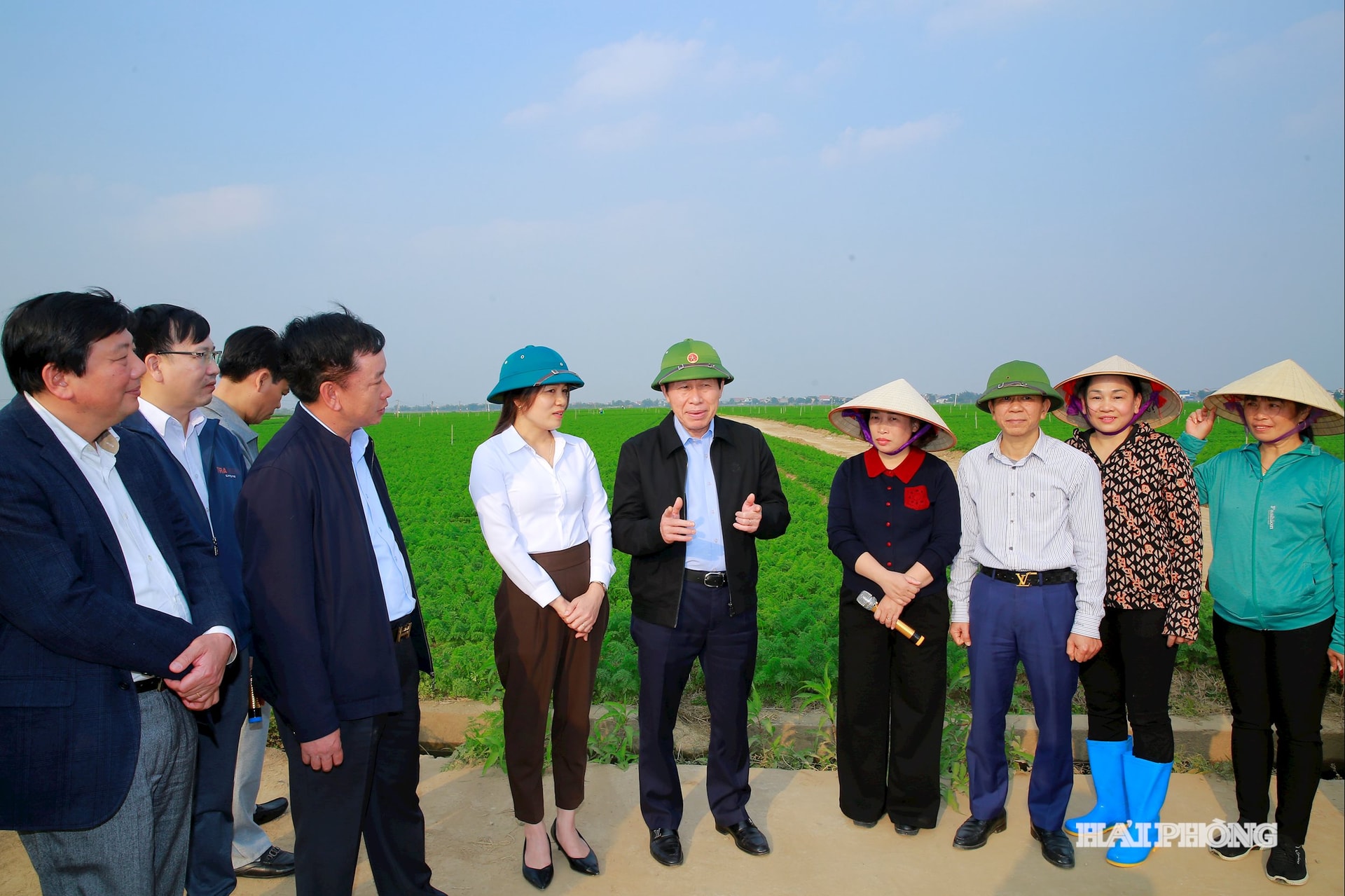 Đồng chí Lê Tiến Châu, Uỷ viên Trung ương Đảng, Bí thư Thành uỷ, Trưởng đoàn đại biểu Quốc hội Hải Phòng cùng các đồng chí lãnh đạo thành phố thăm khu trồng cà rốt xuất khẩu tại xã Tuệ Tĩnh.