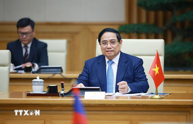 Thủ tướng Phạm Minh Chính phát biểu tại cuộc hội kiến Tổng Bí thư, Chủ tịch nước Lào Thongloun Sisoulith. (Ảnh: Dương Giang/TTXVN) ttxvn-thu-tuong-hoi-kien-tong-bi-thu-chu-tich-nuoc-lao-thongloun-sisoulith-8552275.jpg