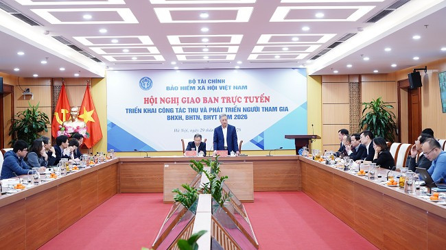 Hội nghị trực tuyến toàn quốc nhằm triển khai công tác thu và phát triển người tham gia bảo hiểm xã hội, bảo hiểm y tế, bảo hiểm thất nghiệp năm 2026. (Ảnh: BHXH)