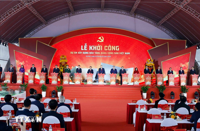 Tổng Bí thư Tô Lâm, Thủ tướng Phạm Minh Chính và các lãnh đạo, nguyên lãnh đạo Đảng, Nhà nước thực hiện nghi thức khởi công dự án xây dựng Bảo tàng Đảng Cộng sản Việt Nam. (Ảnh: Thống Nhất/TTXVN) ttxvn-tong-bi-thu-to-lam-du-le-khoi-cong-du-an-xay-dung-bao-tang-dang-cong-san-viet-nam-6.jpg