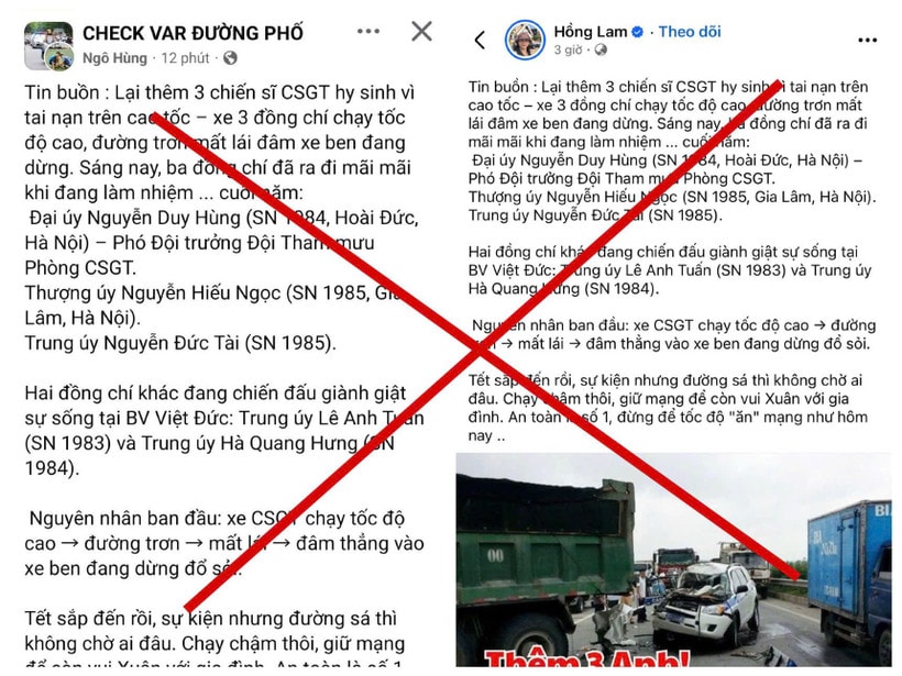 Thông tin kèm hình ảnh lan truyền về vụ tai nạn giao thông khiến 3 cán bộ Cảnh sát Giao thông hy sinh là sai sự thật. (Ảnh: CACC)