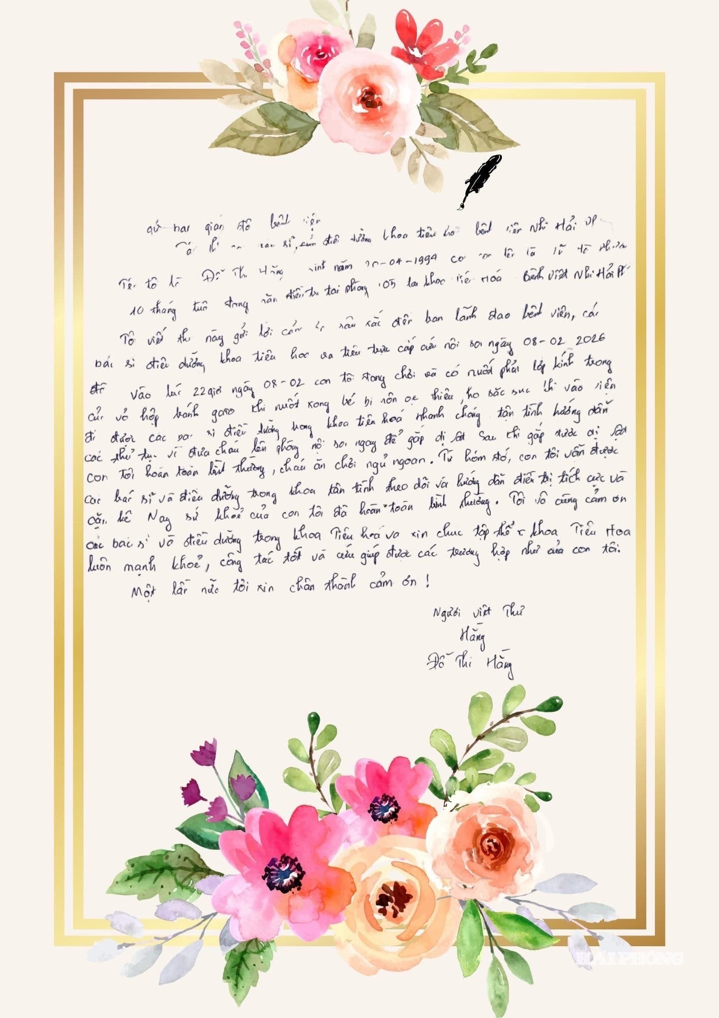 La familia escribió una carta de agradecimiento a los médicos y enfermeras del Hospital Infantil de Hai Phong.