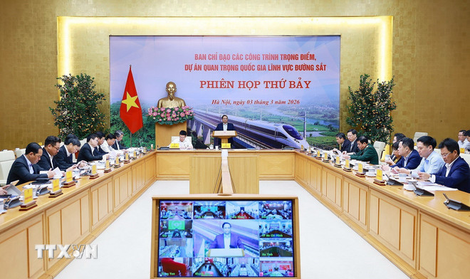 Thủ tướng Phạm Minh Chính chủ trì phiên họp thứ bảy của Ban Chỉ đạo các công trình trọng điểm, dự án quan trọng quốc gia lĩnh vực đường sắt. (Ảnh: Dương Giang/TTXVN) ttxvn-0303-thu-tuong-du-an-quan-trong-quoc-gia-nganh-duong-sat-4.jpg