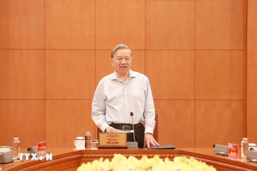 Tổng Bí thư Tô Lâm phát biểu tại cuộc làm việc. (Ảnh: TTXVN phát)
