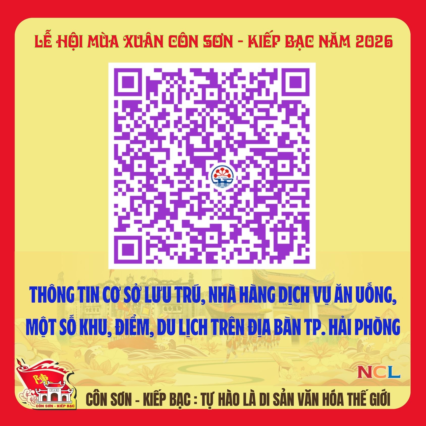 Mã QR cung cấp thông tin các cơ sở lưu trú, nhà hàng dịch vụ ăn uống, điểm du lịch tạo thuận lợi cho du khách về dự Lễ hội mùa xuân Côn Sơn - Kiếp Bạc năm 2026.
