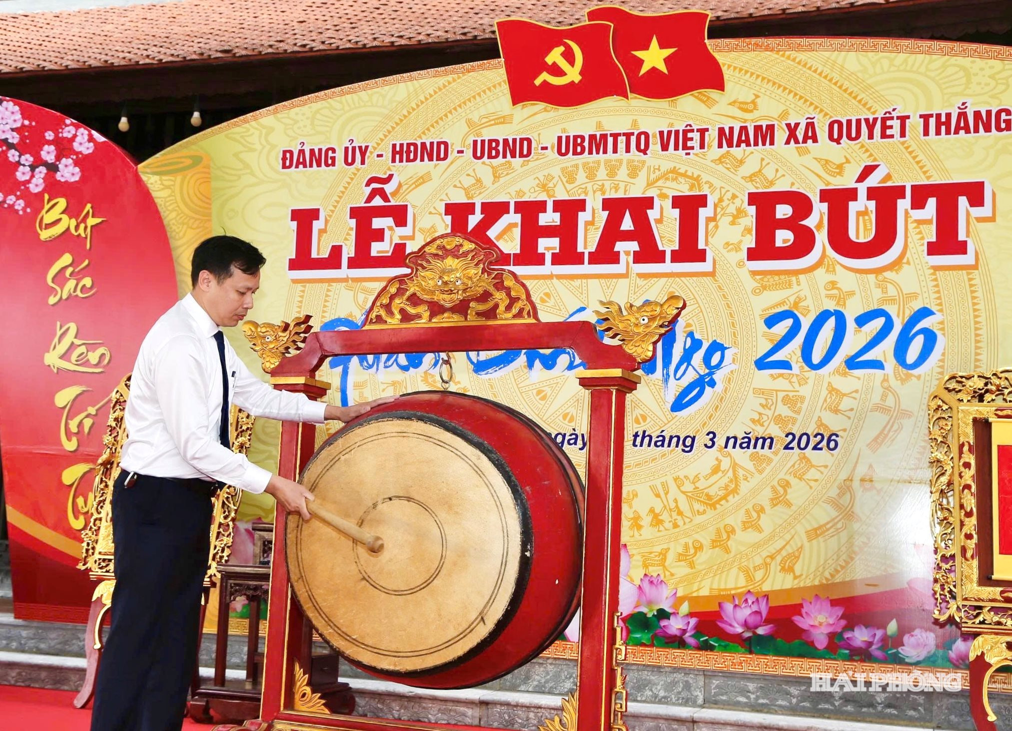Lãnh đọa xã Quyết Thăng đánh trống khai lễ Khai bút Xuân Bính Ngọ 2026