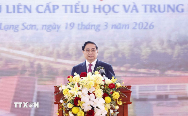 Thủ tướng Phạm Minh Chính phát biểu. (Ảnh: Thống Nhất/TTXVN) ttxvn-1903-tong-bi-thu-khoi-cong-truong-noi-tru-bien-gioi-3.jpg
