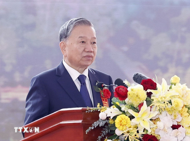 Tổng Bí thư Tô Lâm phát biểu. (Ảnh: Thống Nhất/TTXVN) ttxvn-1903-tong-bi-thu-khoi-cong-truong-noi-tru-bien-gioi-2.jpg