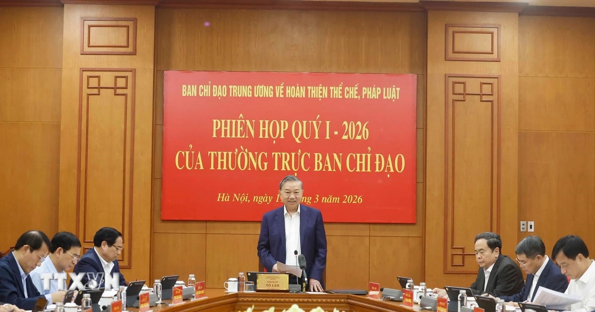 Tổng Bí thư Tô Lâm phát biểu tại phiên họp quý 1/2026 của Ban Chỉ đạo Trung ương về hoàn thiện thể chế, pháp luật. (Ảnh: Thống Nhất/TTXVN)
