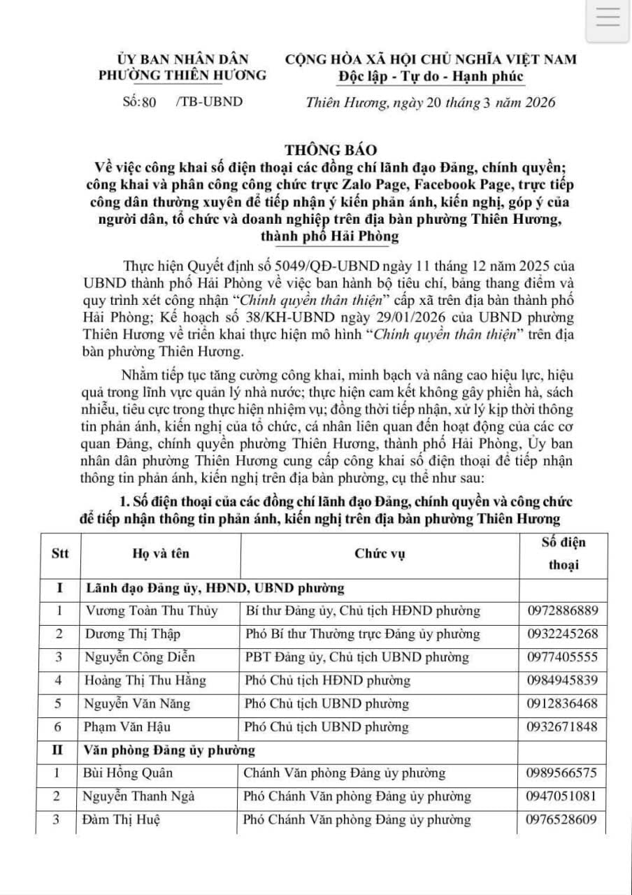 Số điện thoại được công khai trên cổng thông tin điện tử phường Thiên Hương.