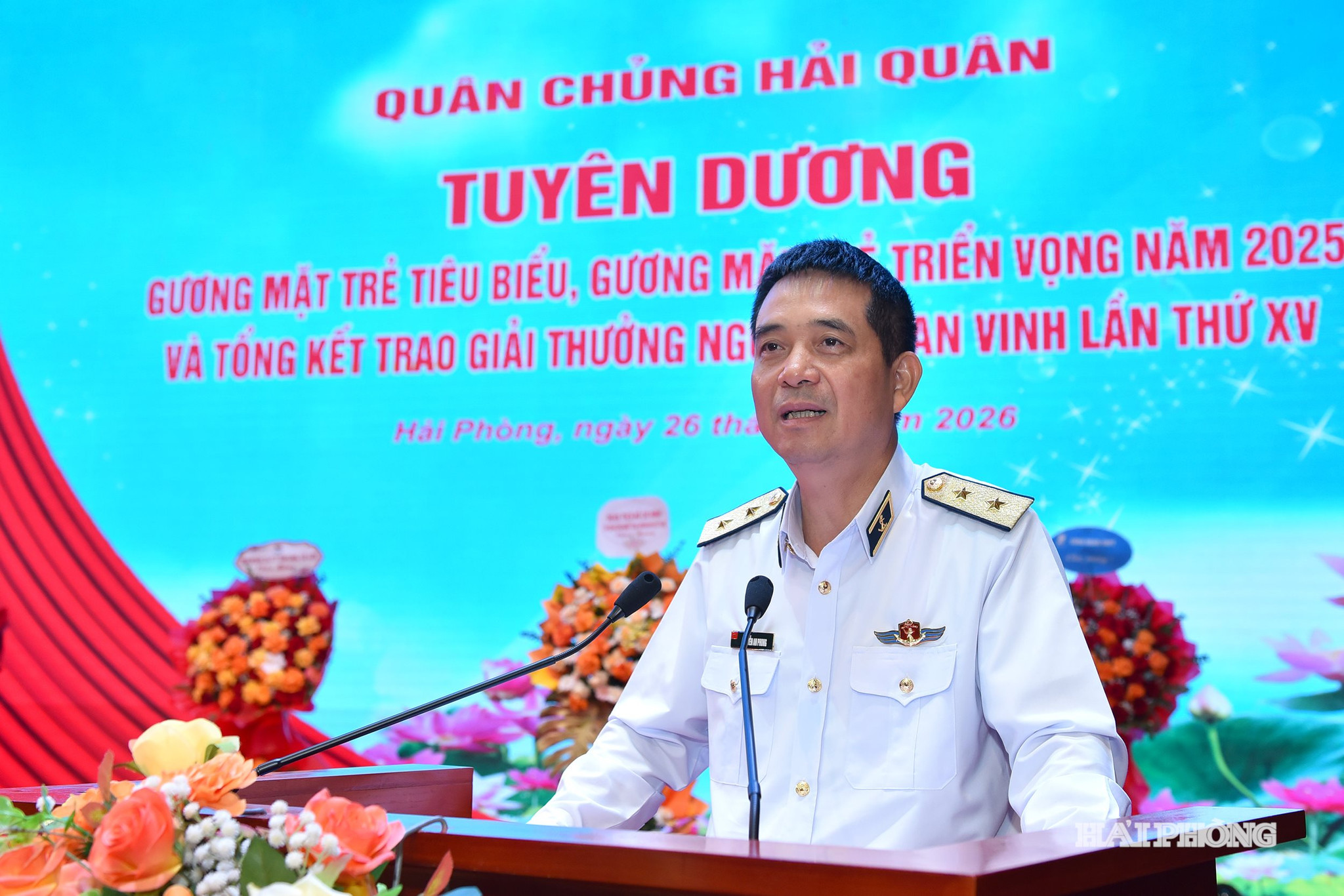 Phó Đô đốc Nguyễn An Phong, Bí thư Đảng ủy, Chính ủy Hải quân phát biểu tại lễ tuyên dương.
