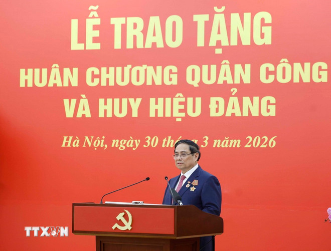Thủ tướng Phạm Minh Chính phát biểu. (Ảnh: Thống Nhất/TTXVN) ttxvn-tong-bi-thu-to-lam-chu-tri-le-trao-tang-huan-chuong-quan-cong-va-huy-hieu-dang-5.jpg