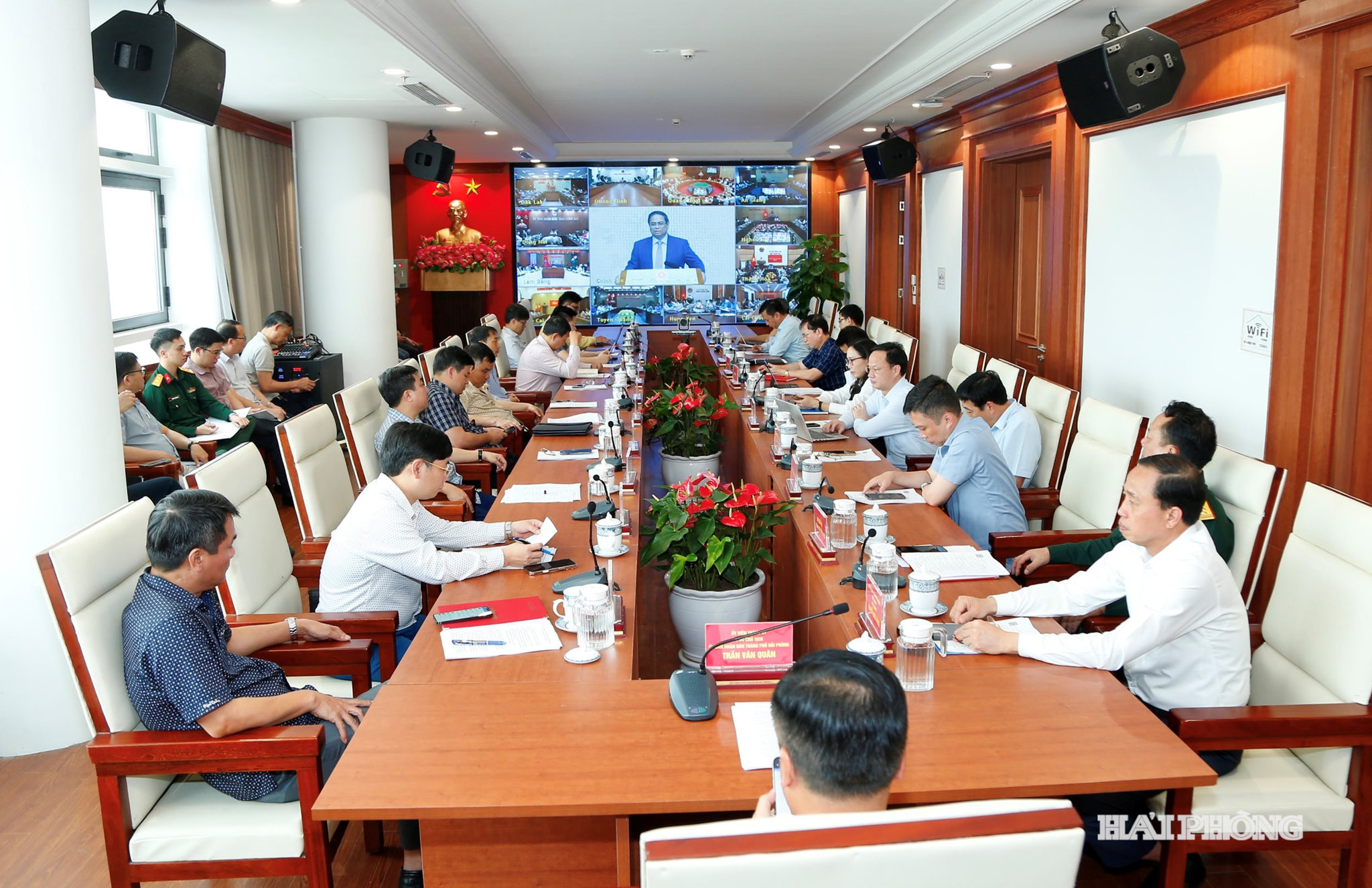 Quang cảnh hội nghị trực tuyến tại điểm cầu thành phố Hải Phòng.