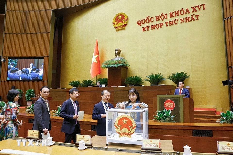 Đại biểu Quốc hội bỏ phiếu bầu Chủ tịch Quốc hội khóa XVI. (Ảnh: Doãn Tấn/TTXVN)