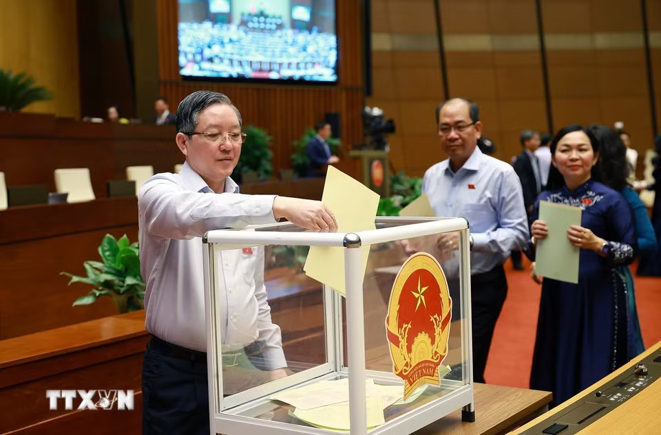 Đại biểu Quốc hội bỏ phiếu phê chuẩn Thẩm phán Tòa án nhân dân Tối cao, Phó Thủ tướng Chính phủ, Bộ trưởng và thành viên khác của Chính phủ. (Ảnh: Dương Giang/TTXVN)