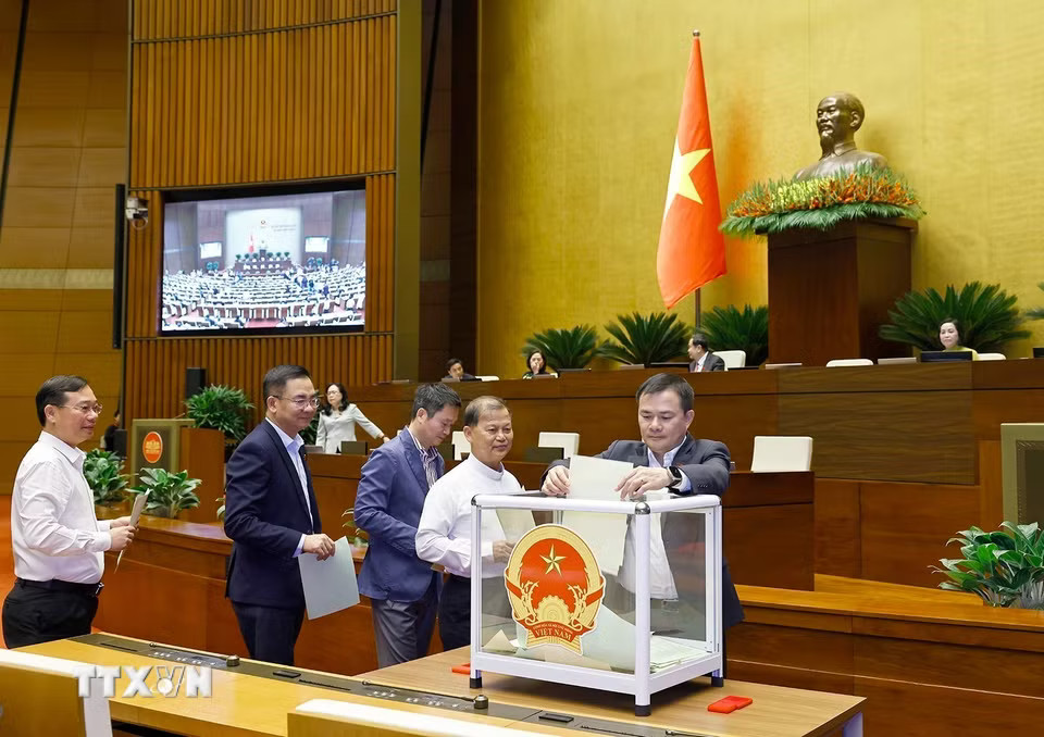Đại biểu Quốc hội bỏ phiếu phê chuẩn Thẩm phán Tòa án nhân dân Tối cao, Phó Thủ tướng Chính phủ, Bộ trưởng và thành viên khác của Chính phủ. (Ảnh: Doãn Tấn/TTXVN)