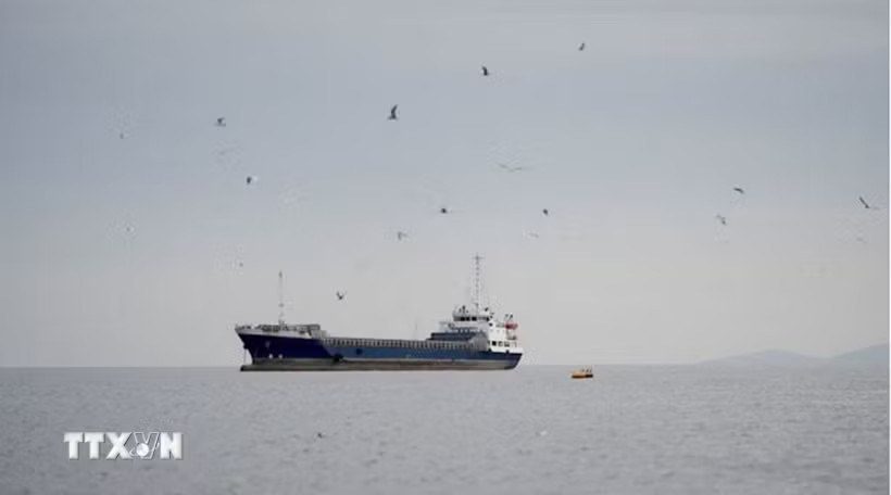 Tàu thủy di chuyển ở eo biển Hormuz, ngoài khơi tỉnh Musandam của Oman, ngày 12/4/2026. (Ảnh: Reuters/TTXVN)