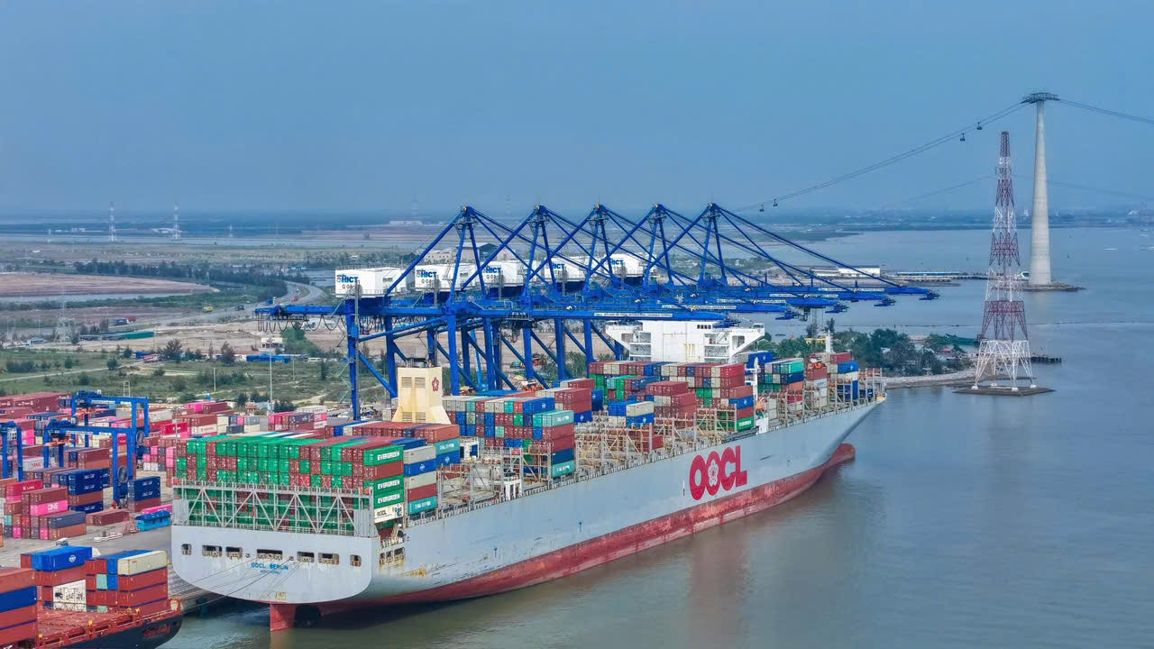 Ảnh báo in: Tàu OOCL Berlin với chiều dài tàu 366,4 m làm hàng tại cảng TC - HICT.