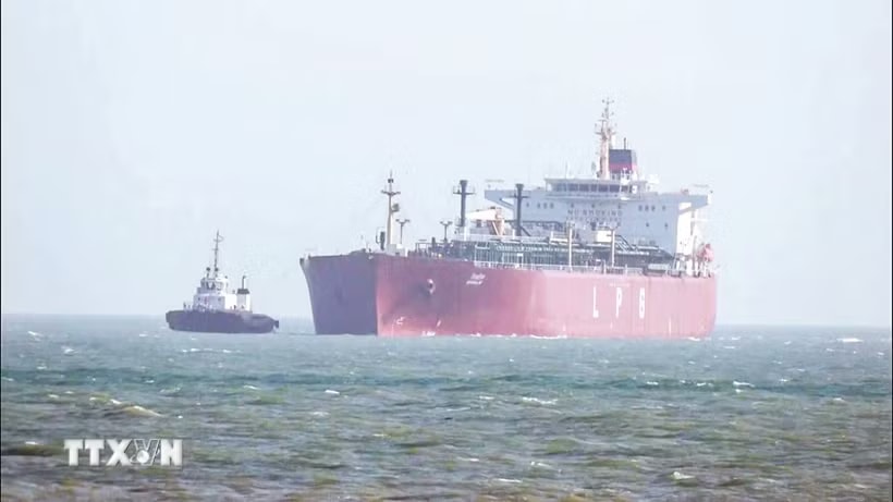 Tàu chở dầu khí tự nhiên hóa lỏng di chuyển qua eo biển Hormuz. (Ảnh: ANI/TTXVN)