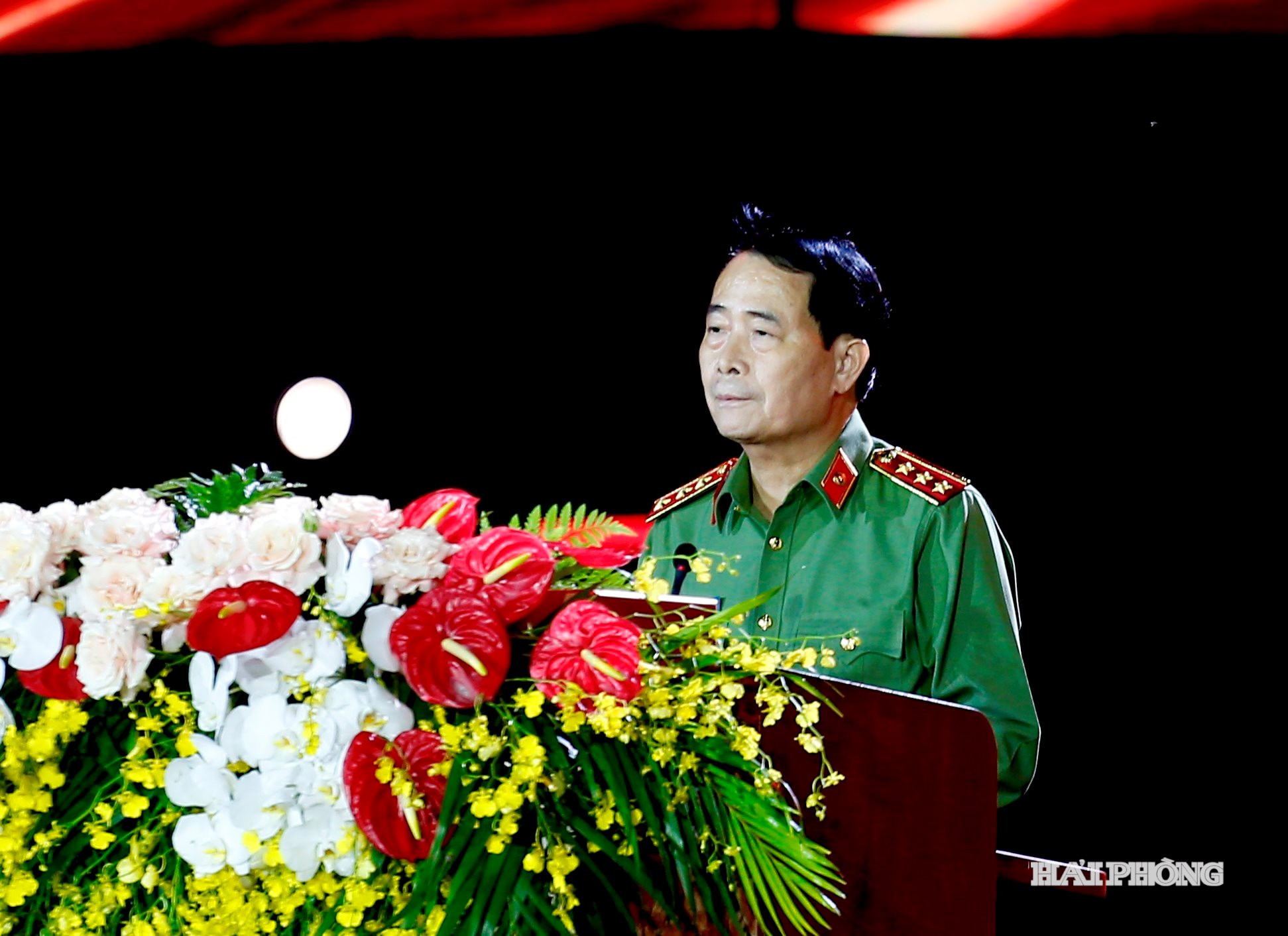 Thượng tướng Lê Quốc Hùng, Uỷ viên Trung ương Đảng, Thứ trưởng Bộ Công an phát biểu chúc mừng Công an thành phố Hải Phòng.