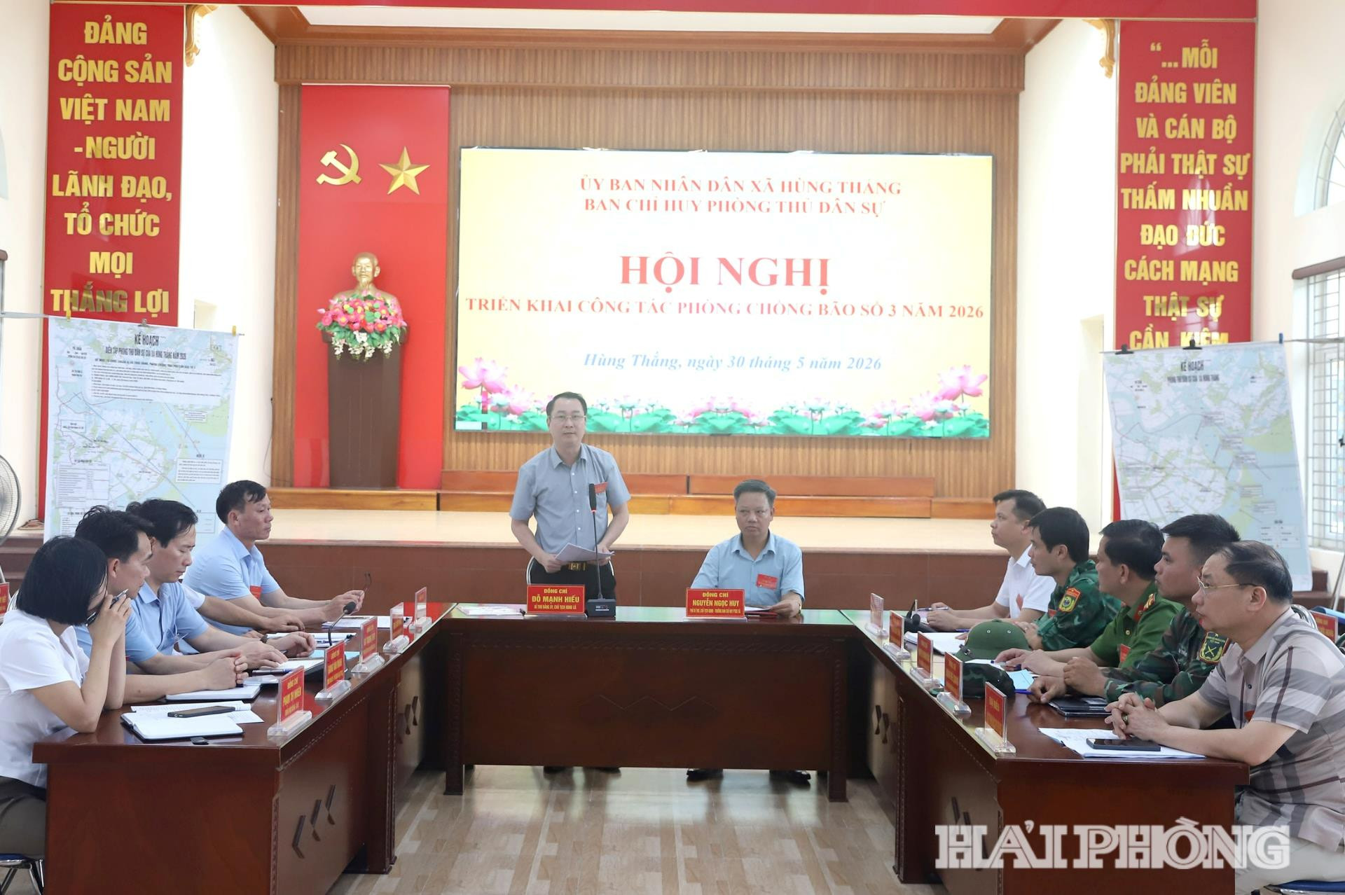 Hội nghị vận hành cơ chế tại cuộc diễn tập phòng thủ dân sự xã Hùng Thắng năm 2026.