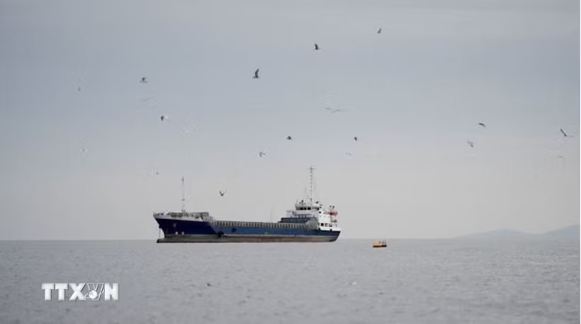 Tàu thủy di chuyển ở eo biển Hormuz, ngoài khơi tỉnh Musandam của Oman, ngày 12/4. (Ảnh: REUTERS/TTXVN)