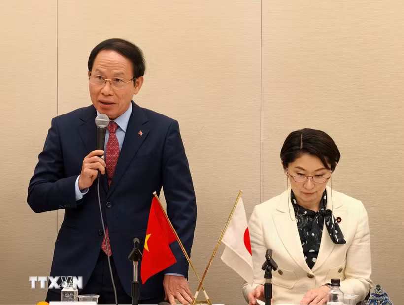 Phó Thủ tướng Lê Tiến Châu phát biểu tại buổi làm việc với Liên minh Nghị sỹ hữu nghị Nhật Bản-Việt Nam. (Ảnh: Bùi Hà/TTXVN)