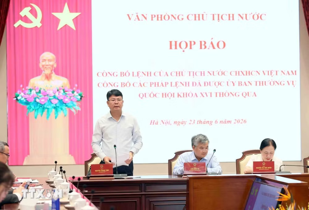 Thứ trưởng Bộ Tư pháp Nguyễn Thanh Tịnh thông tin chi tiết về Pháp lệnh sửa đổi, bổ sung một số điều của Pháp lệnh Hợp nhất văn bản quy phạm pháp luật. (Ảnh: An Đăng/TTXVN) ttxvn-hop-bao-chinh-phu-2306-1.jpg