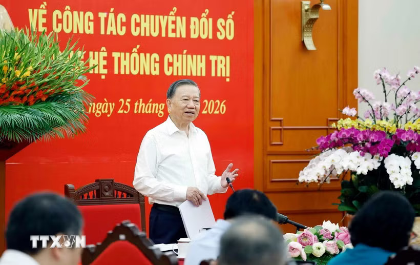 Tổng Bí thư, Chủ tịch nước Tô Lâm phát biểu tại Phiên họp chuyên đề về công tác chuyển đổi số trong hệ thống chính trị. (Ảnh: Thống Nhất/TTXVN)