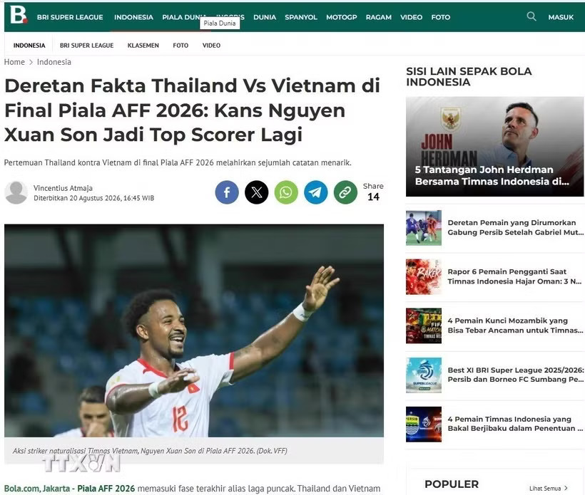 Tờ Bola của Indonesia đánh giá tiền đạo Nguyễn Xuân Son có nhiều cơ hội giành danh hiệu Vua phá lưới tại ASEAN Cup 2026. (Ảnh chụp màn hình/TTXVN phát)