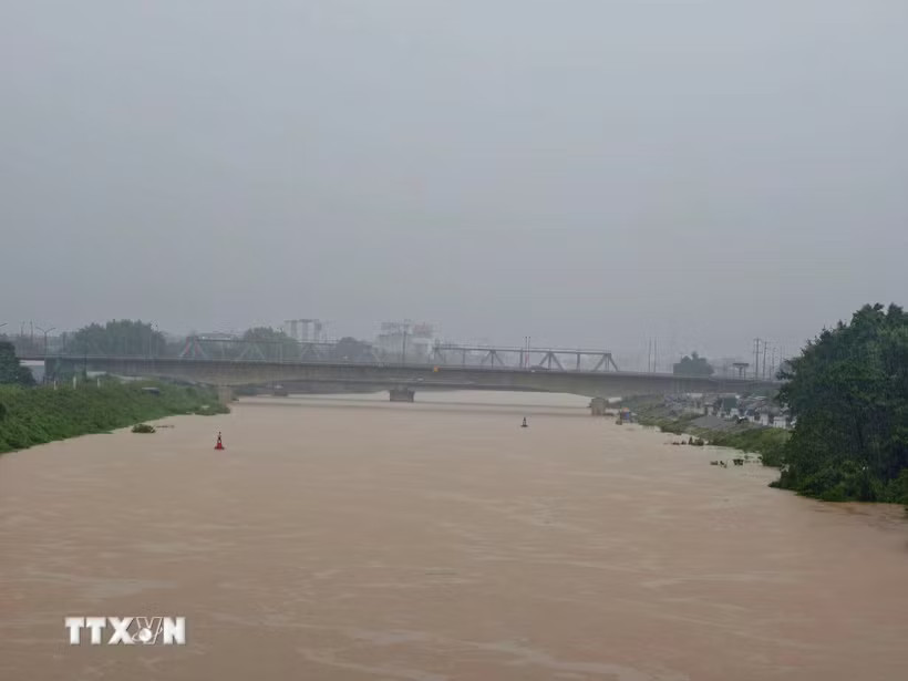 Mưa lớn khiến mực nước trên sông Thương tăng cao. (Ảnh: Thanh Thương/TTXVN)