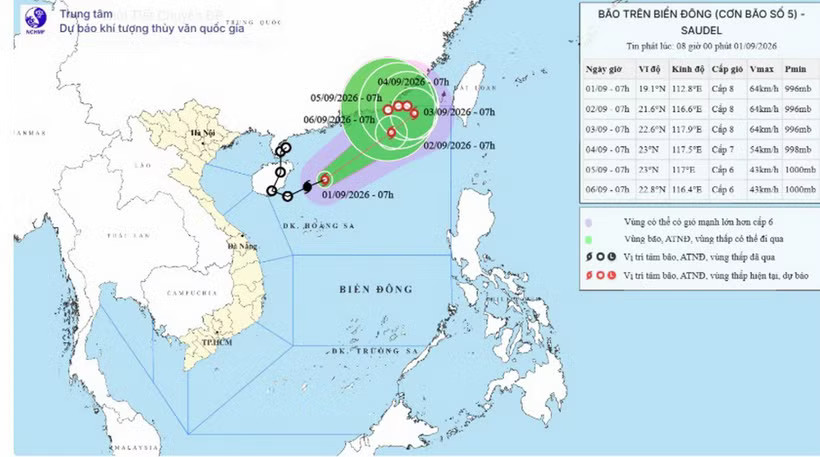 Vị trí và đường đi của bão số 5 lúc 7h ngày 1/9/2026. (Nguồn: Trung tâm Dự báo Khí tượng Thủy văn Quốc gia)