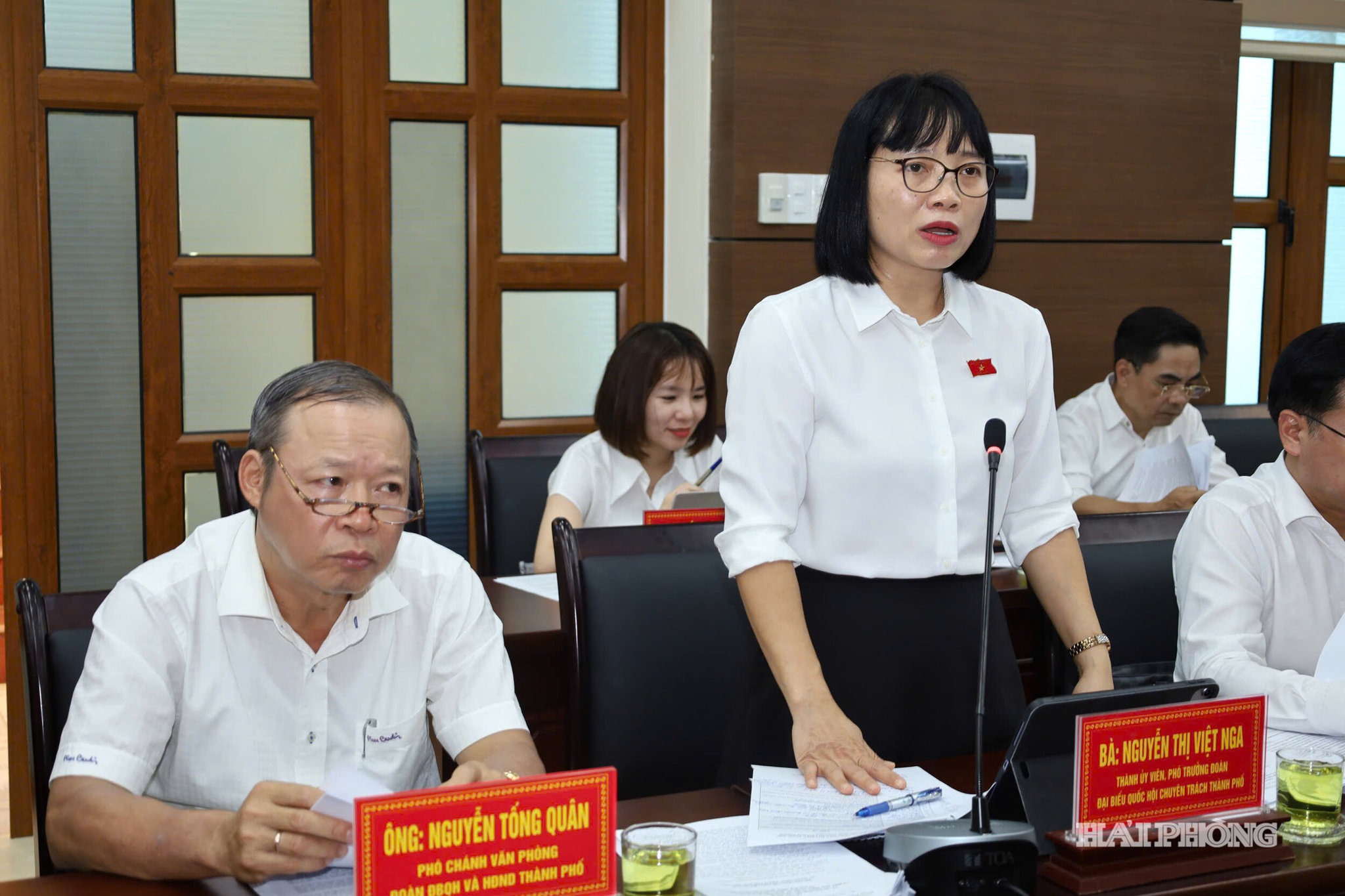 Đồng chí Nguyễn Thị Việt Nga, Phó Trưởng đoàn Đại biểu Quốc hội chuyên trách thành phố Hải Phòng phát biểu tại buổi giám 