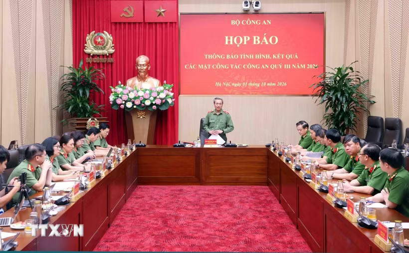 Họp báo thông báo tình hình, kết quả các mặt công tác Công an quý 3 năm 2026. (Ảnh: Phạm Kiên/TTXVN)