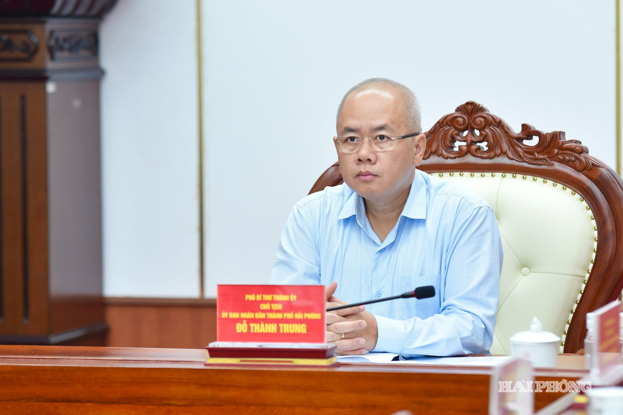 Đồng chí Đỗ Thành Trung, Phó Bí thư Thành uỷ, Chủ tịch UBND thành phố dự hội nghị tại điểm cầu Hải Phòng.