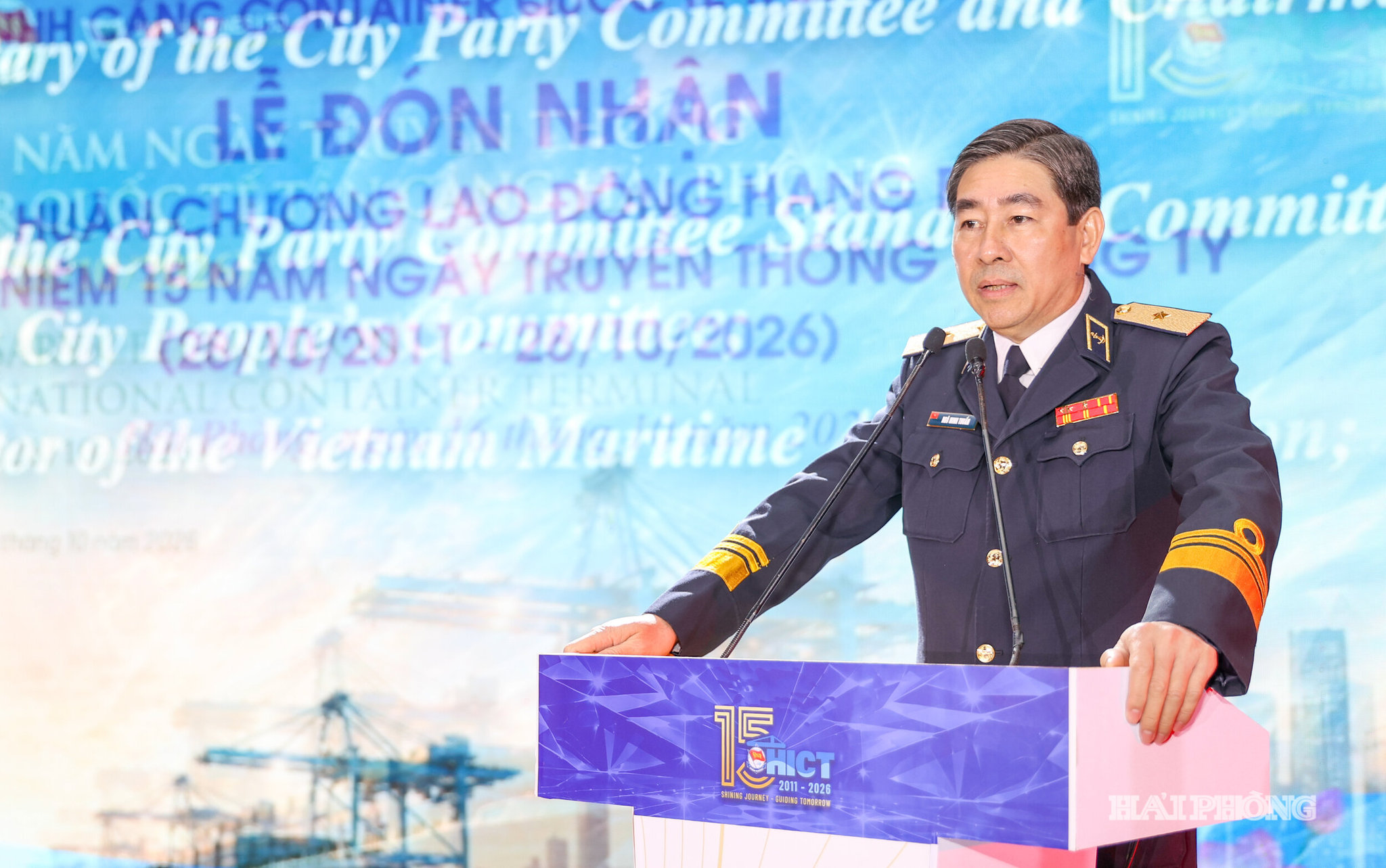 Thiếu tướng Ngô Minh Thuấn, Tư lệnh Binh đoàn 20, Chủ tịch kiêm TGĐ TCT Tân Cảng Sài Gòn phát biểu tại buổi lễ