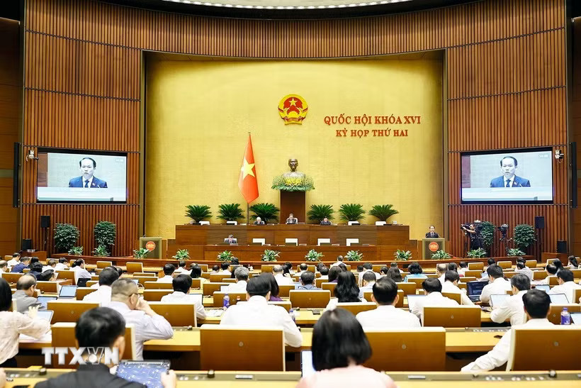 Bộ trưởng Bộ Tư pháp Hoàng Thanh Tùng, thừa ủy quyền của Thủ tướng Chính phủ trình bày tờ trình về 3 dự án: Luật Đấu giá tài sản (sửa đổi); Luật Luật sư (sửa đổi); Luật Nuôi con nuôi (sửa đổi). (Ảnh: Doãn Tấn/TTXVN)