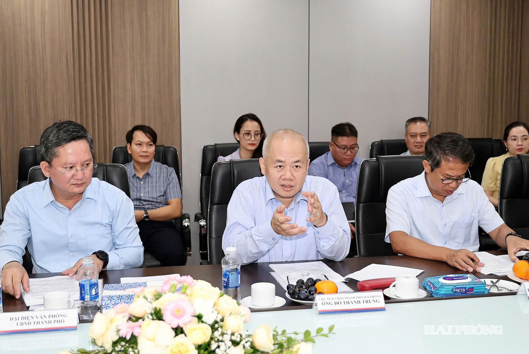Đồng chí Đỗ Thành Trung, Phó Bí thư Thành ủy, Chủ tịch UBND thành phố Hải Phòng phát biểu tại cuộc làm việc.