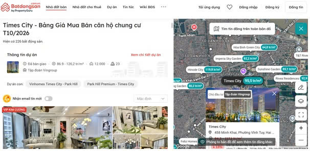 Bản đồ trên Batdongsan.com.vn hiển thị mức giá trung bình của các dự án lân cận Times City