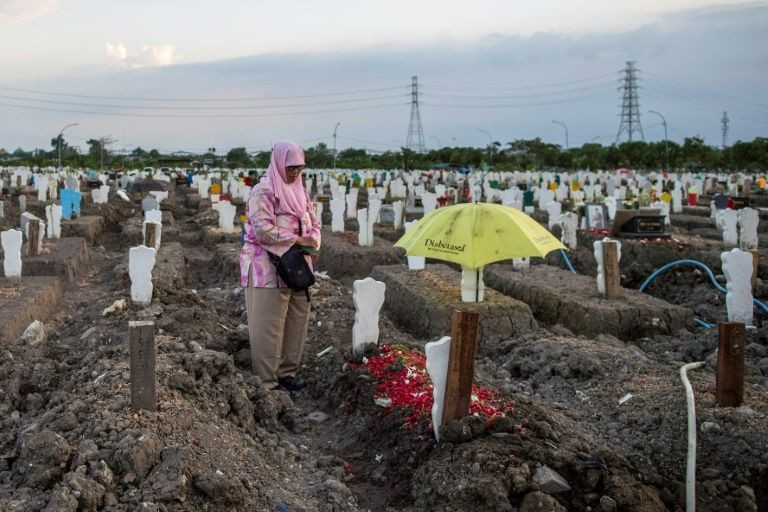 <em>A woman visits her relative's grave at a burial site for victims of the COVID-19 coronavirus at Keputih cemetery in Surabaya, East Java on September 26, 2020. Photo:</em> AFP