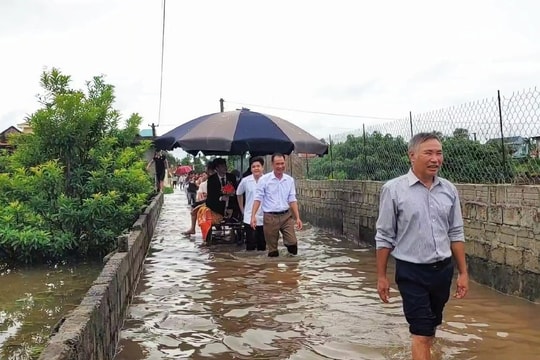 Lũ tràn về, chú rể Thanh Hóa đón dâu bằng xe lôi, đãi khách giữa "biển nước"