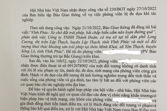 Hội Nhà báo Việt Nam đề nghị khẩn trương xử lý đối tượng dọa "giết cả nhà" một phóng viên
