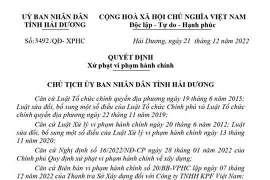 Xây dựng không phép, Công ty KPF bị phạt gần 400 triệu đồng
