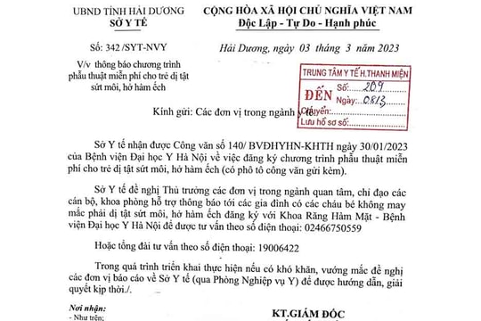 ​Phẫu thuật miễn phí  cho trẻ dị tật sứt môi,  hở hàm ếch