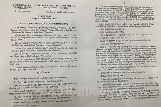 Công ty CP Khu công nghiệp kỹ thuật cao An Phát bị xử phạt gần 1 tỷ đồng do vi phạm về xây dựng